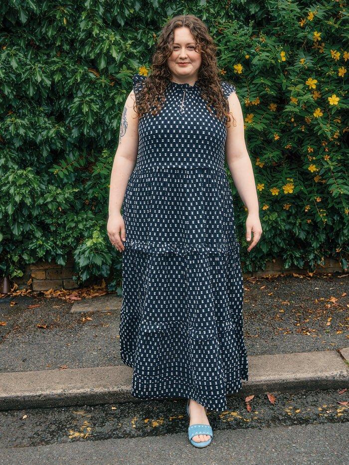 woman wearing printed dress